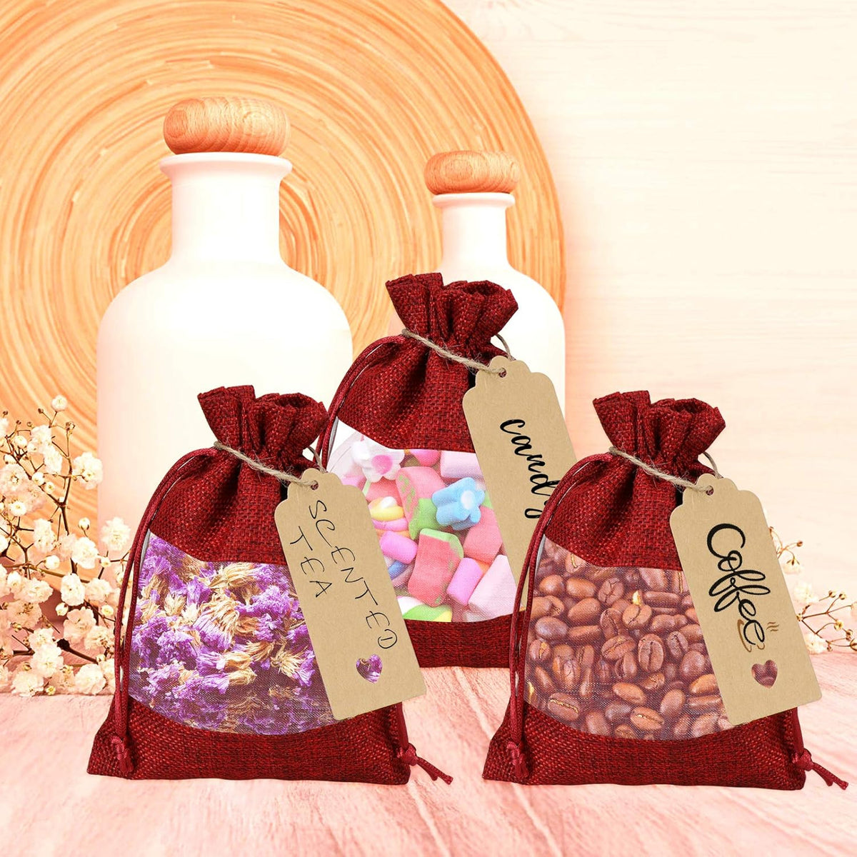 GIOIPC 50Pcs 5 x 7 Inch Linen Burlap Sheer Bags with Drawstring and Bonus Gift Tags for Wedding
