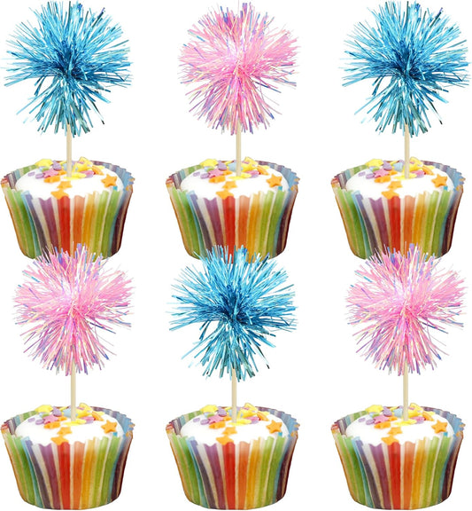 Gyufise 30Pcs Foil Firework Cupcake Toppers Sparkle Tinsel Cake Toppers Tinsel Drink Cake