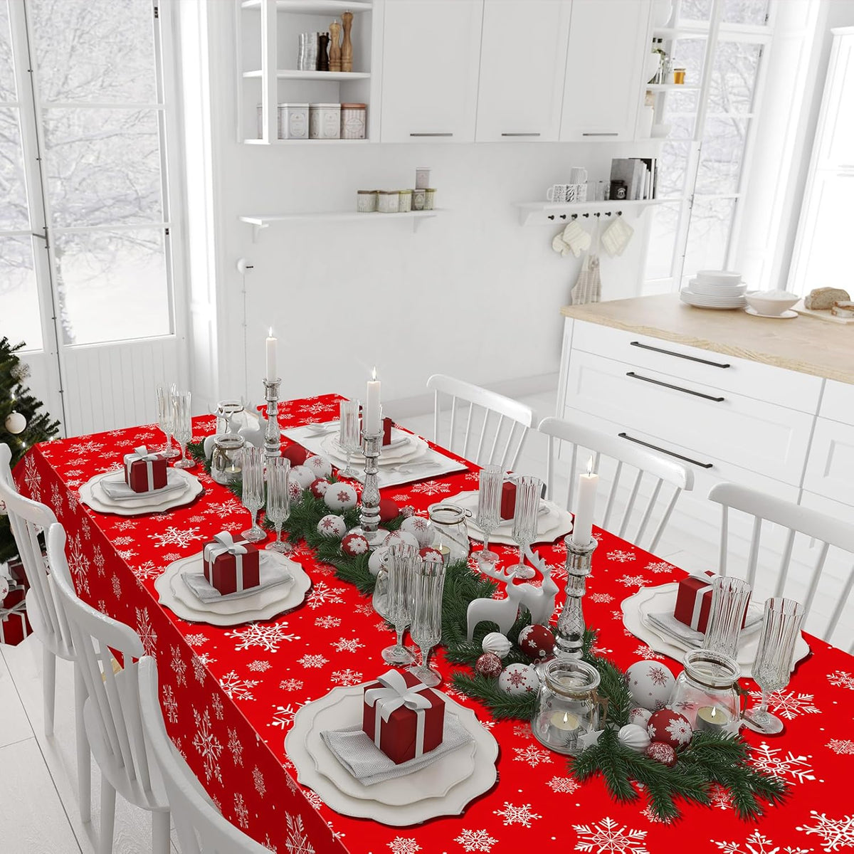 12 Pieces Christmas Snowflake Plastic Party Tablecloth Decorations,54x108 inch Disposable White Red