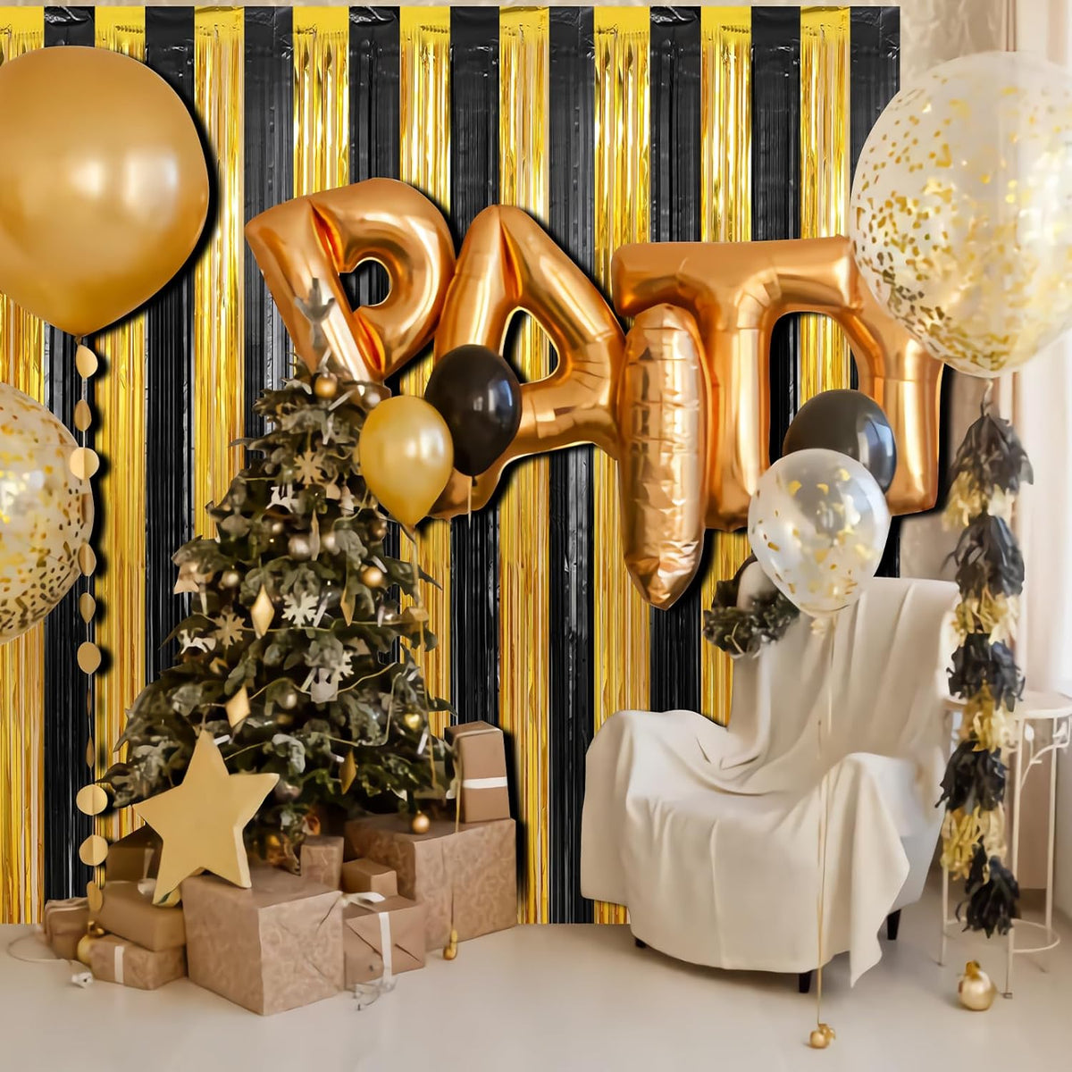 Crosize 2 Pack 3.3 x 9.9 ft Gold and Black Foil Fringe Curtains Party Decorations, Gold Tinsel
