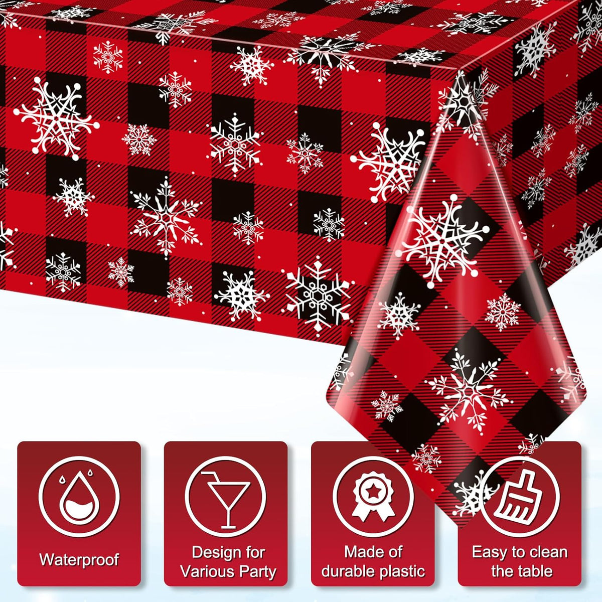 12 Pieces Red and Black Buffalo Plaid Merry Christmas Party Tablecloth Decorations,Plastic White