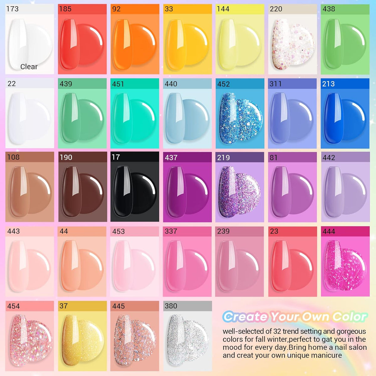AZUREBEAUTY 42Pcs Dip Powder Nail Kit Starter, 32 Colors Spring Rainbow Bright Pink Red Green