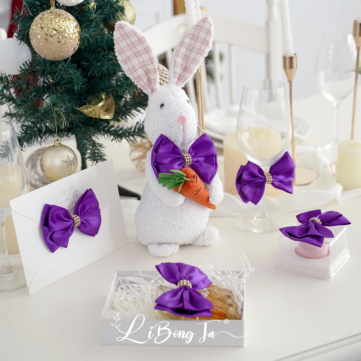 Purple Ribbon Bow 4'' Premade Satin Bow, Purple Gift Bows with Rhinestone, Wrapping Bows for