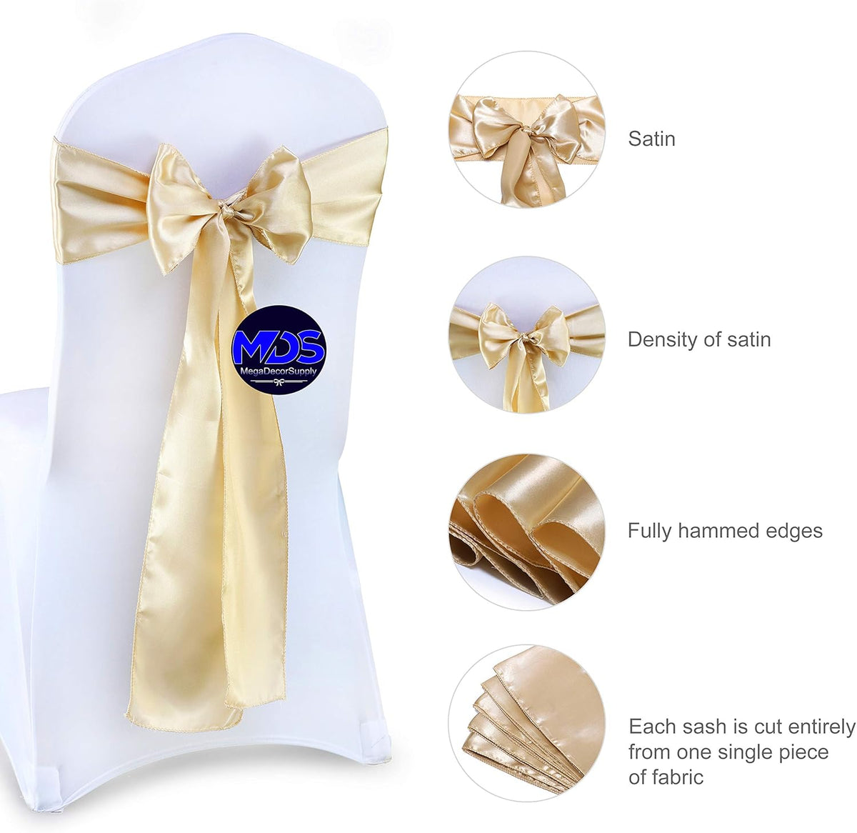 MDS Pack of 300 PCS Satin Chair Sashes Charmeuse Sateen Dining Chair Bows Ribbon Ties Back Sash for