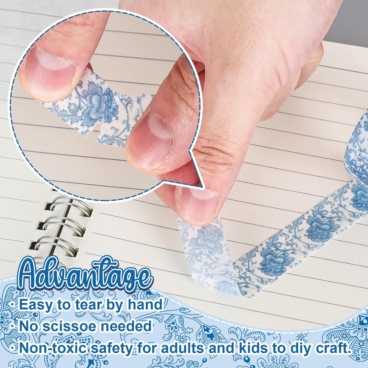 Whaline 12 Rolls Blue Floral Washi Tape Chinoiserie Flower Washi Tape Vintage Masking Decorative