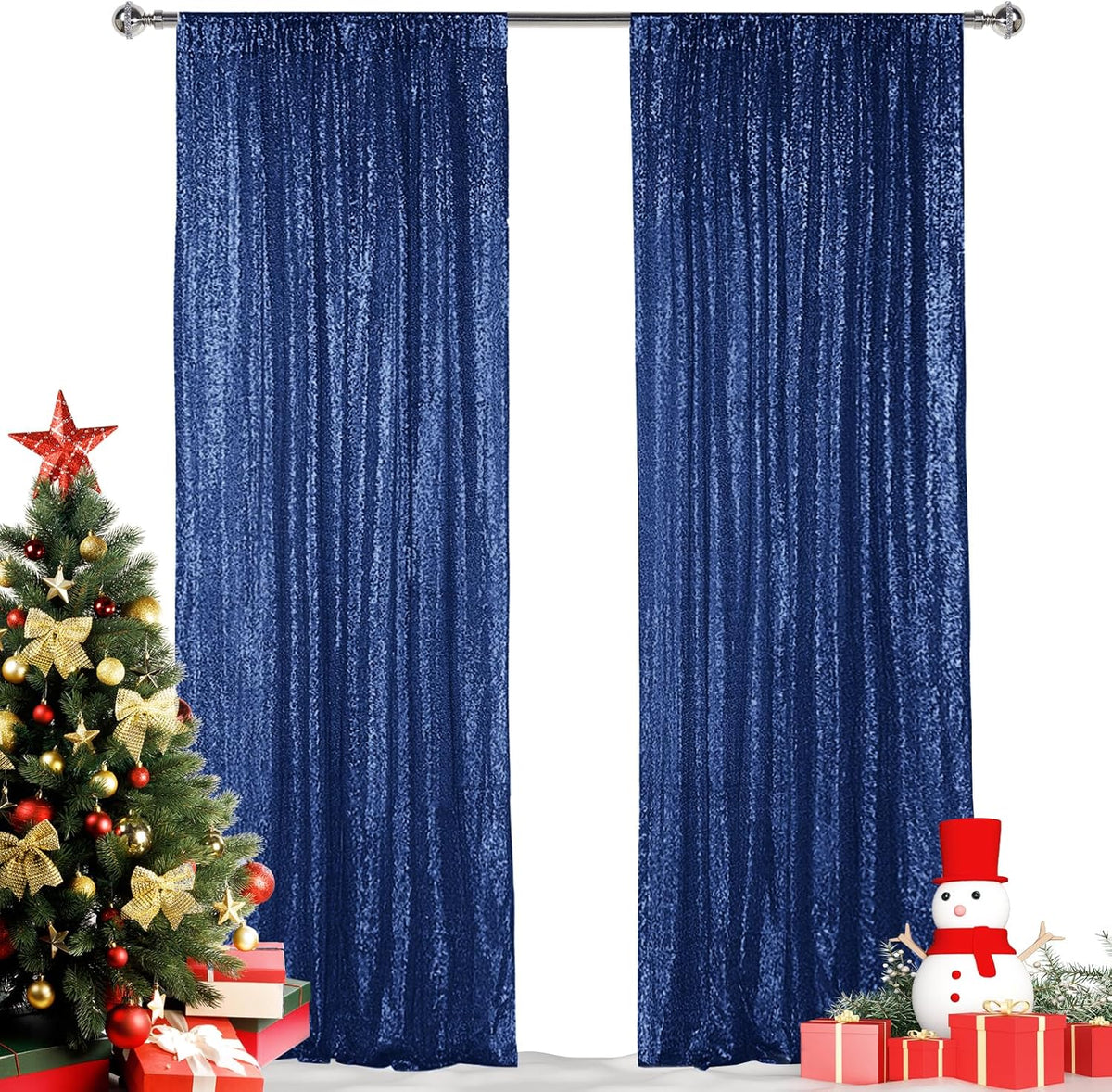 Hahuho Navy Sequin Backdrop Curtain, 2PCS 2FTx8FT Glitter Backdrop Curtain for Parties, Christmas