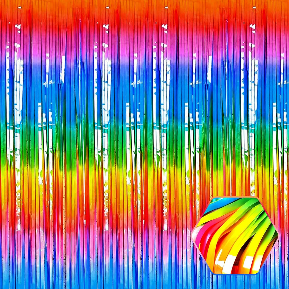 3 Pack Rainbow Foil Fringe Curtain Backdrop, 3.28Ft x 8.2Ft Metallic Tinsel Foil Fringe Streamer
