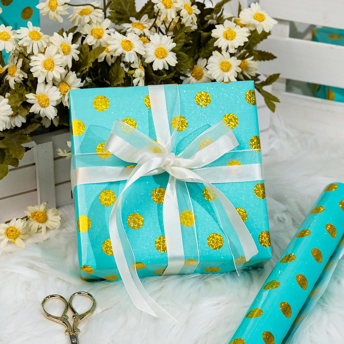 Burymento Blue Holographic Dots Wrapping Paper, Reversible Gold Gift Wrap for Birthday, Valentines