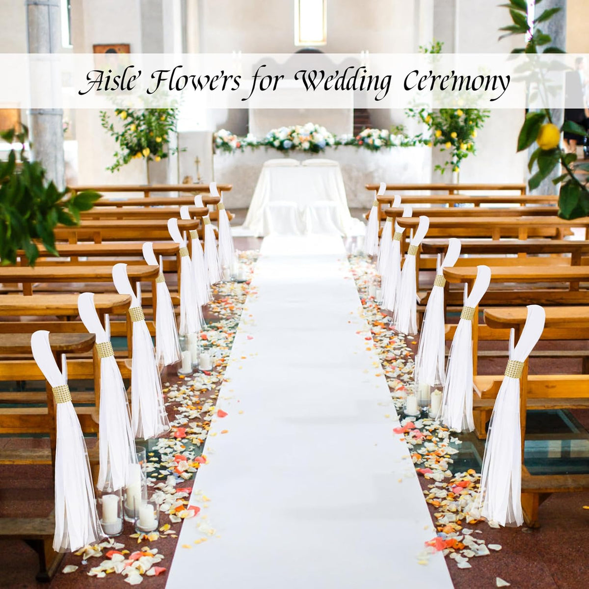 Large White Pew Bows Tulle Wedding Aisle Chair Decorations, Extended Church Pew Decor Aisle Flowers