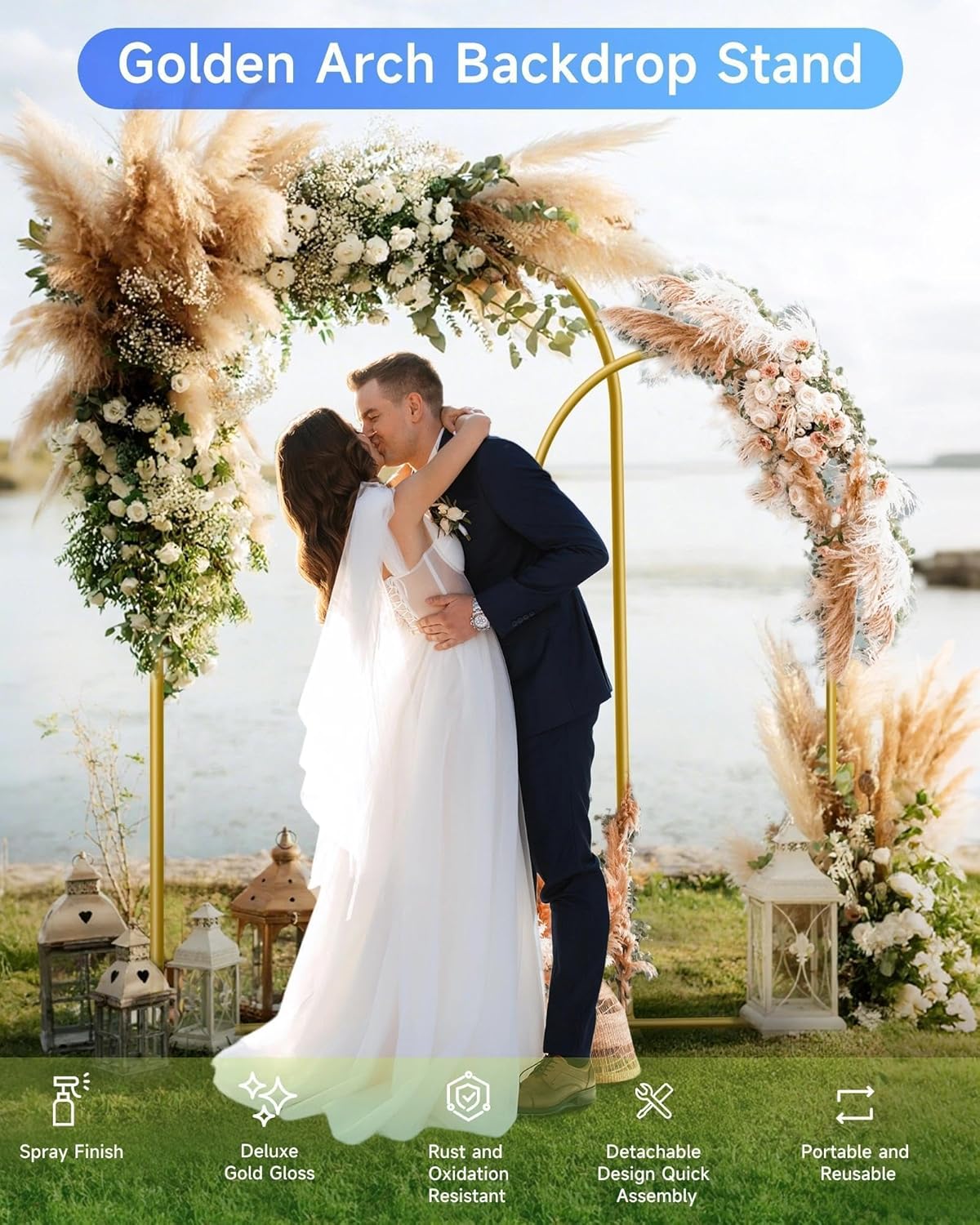 HEMMOTOP Metal Arch Backdrop Stand Set of 2 (7.2ft + 6ft), Wedding Arch Frame, Stable Background
