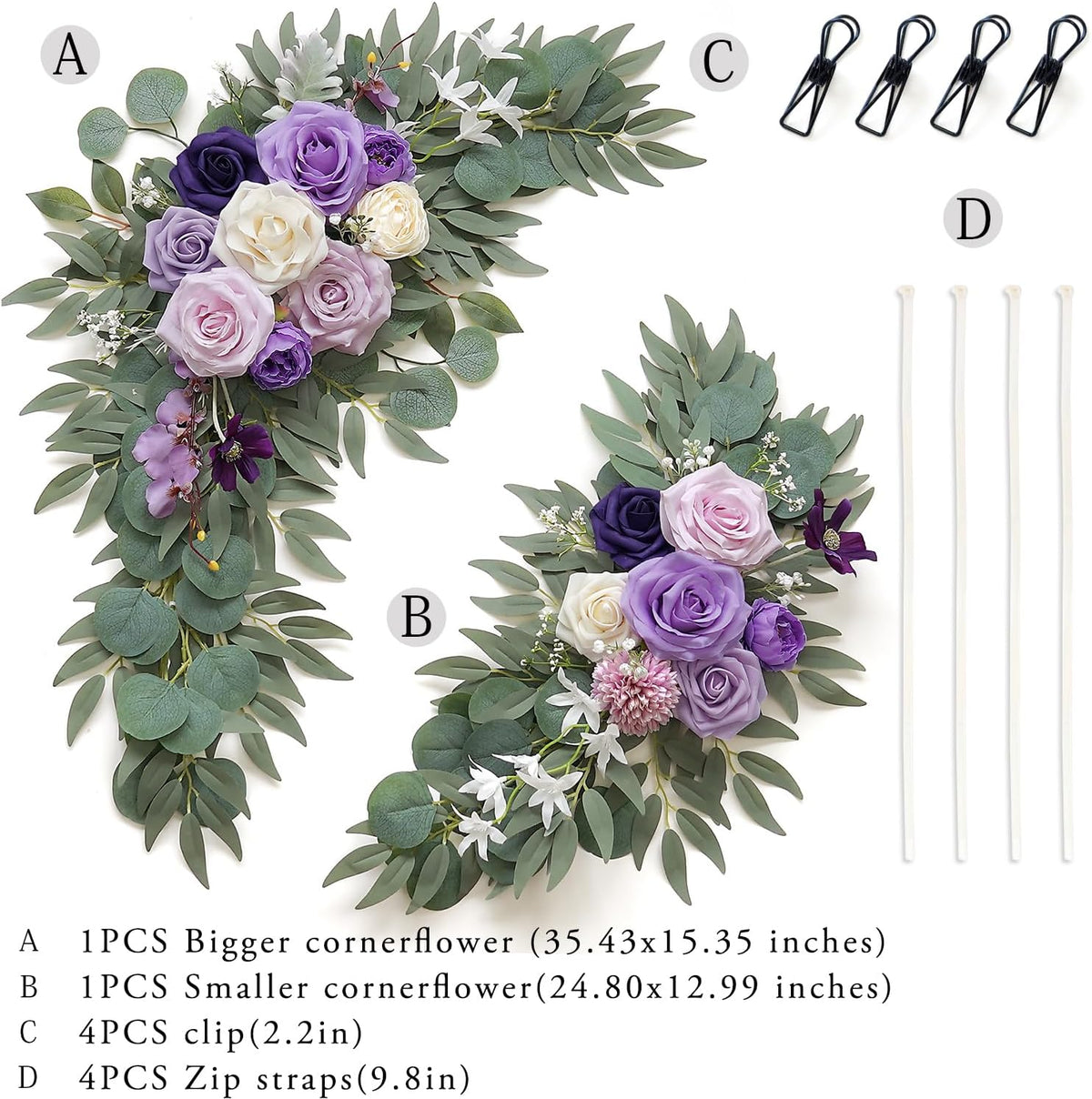 Faux Flower Swag Set of 2 for Wedding Welcome Signs Floral Decorations, Purple Wedding Arch Flowers