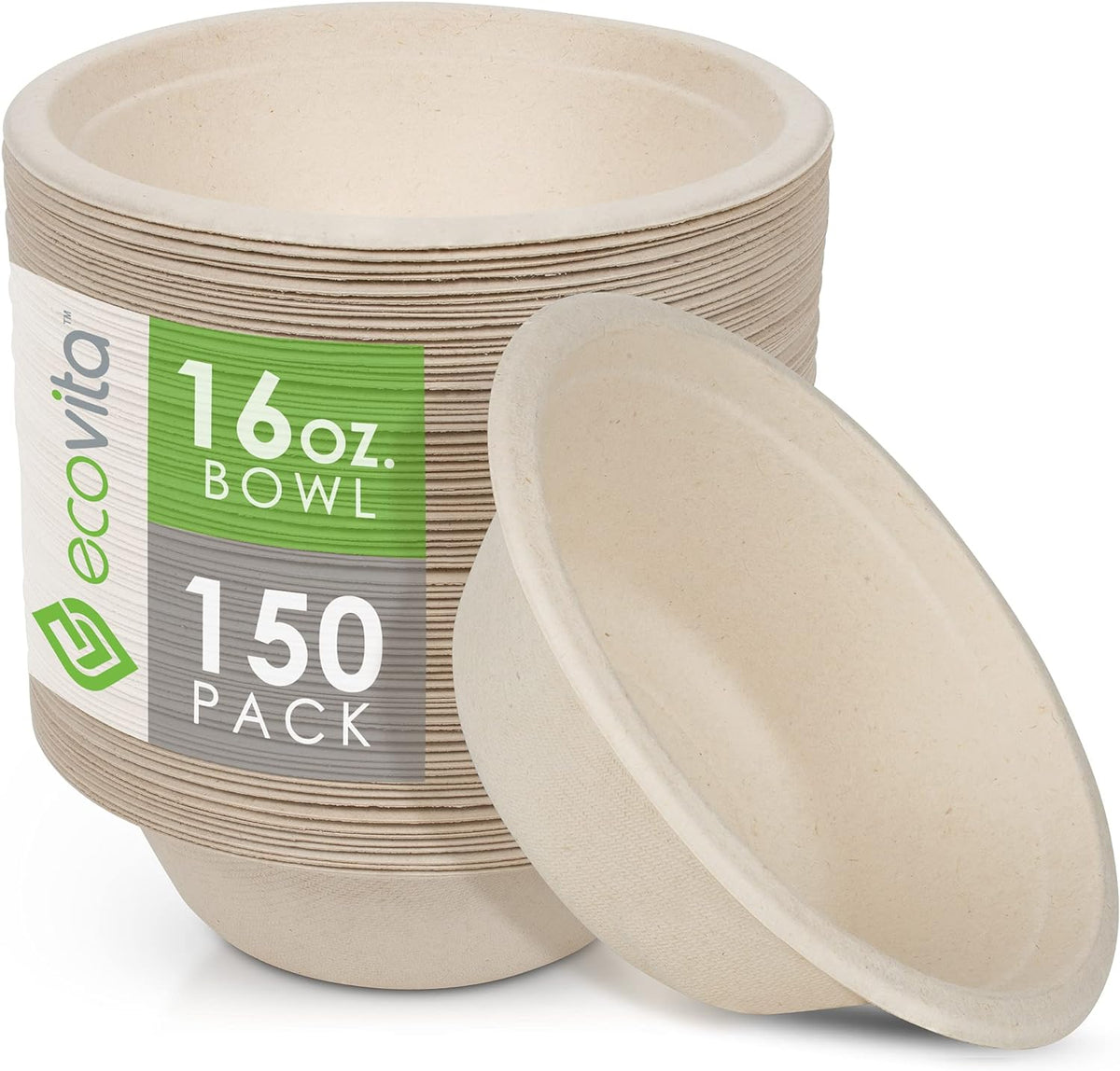 100% Compostable Paper Bowls [16 oz.] – 150 Disposable Bowls Eco Friendly Sturdy Tree Free Liquid