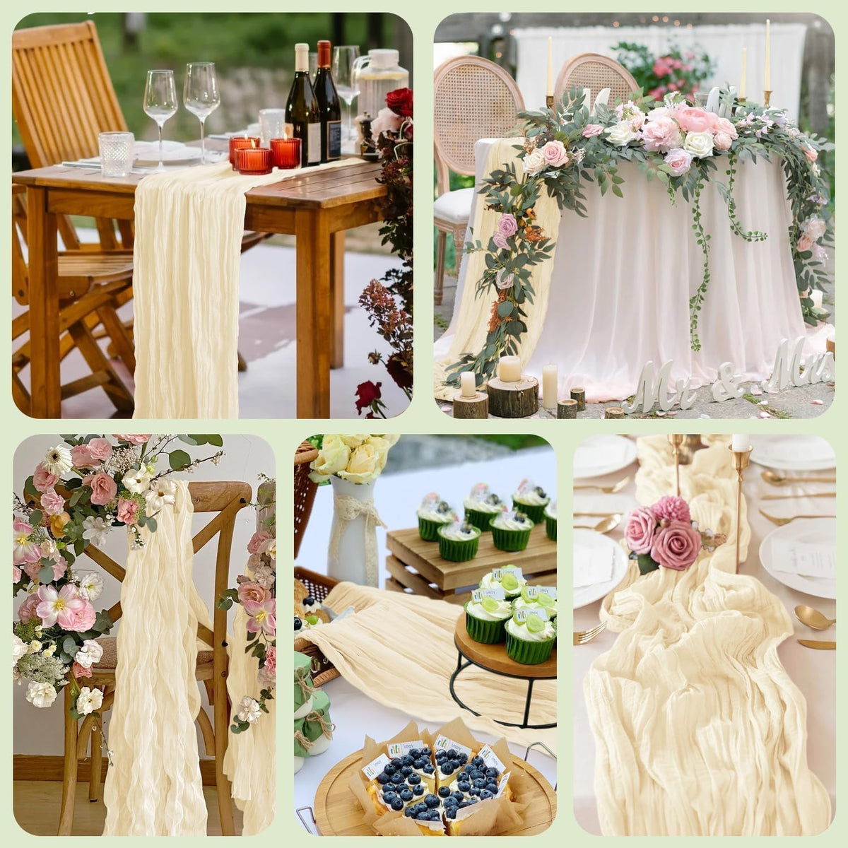 12Pcs Beige Cheesecloth Table Runner 120 Inch10FT Beige Rustic Boho Cheesecloth Table Runnerfor