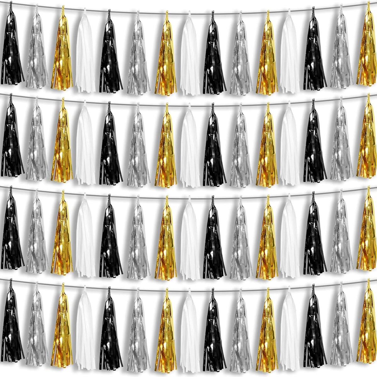 4P Black Gold Silver Foil Fringe Metallic Tassel Garland, Tassels Banner Streamers for Parade