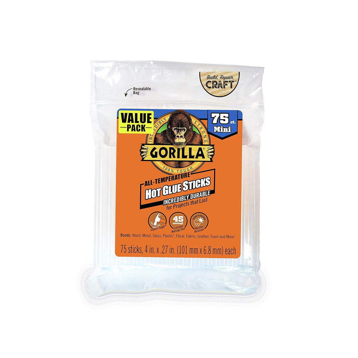 Gorilla Hot Glue Sticks, Clear Glue, Mini Size 4" Long x 0.27" Diameter, 75 Count (Pack of 6)