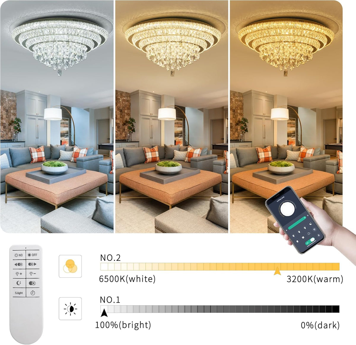 30 inch Crystal Gold Ceiling-Light Flush Mount with Remote Control and APP, 3CCT Dimmable &
