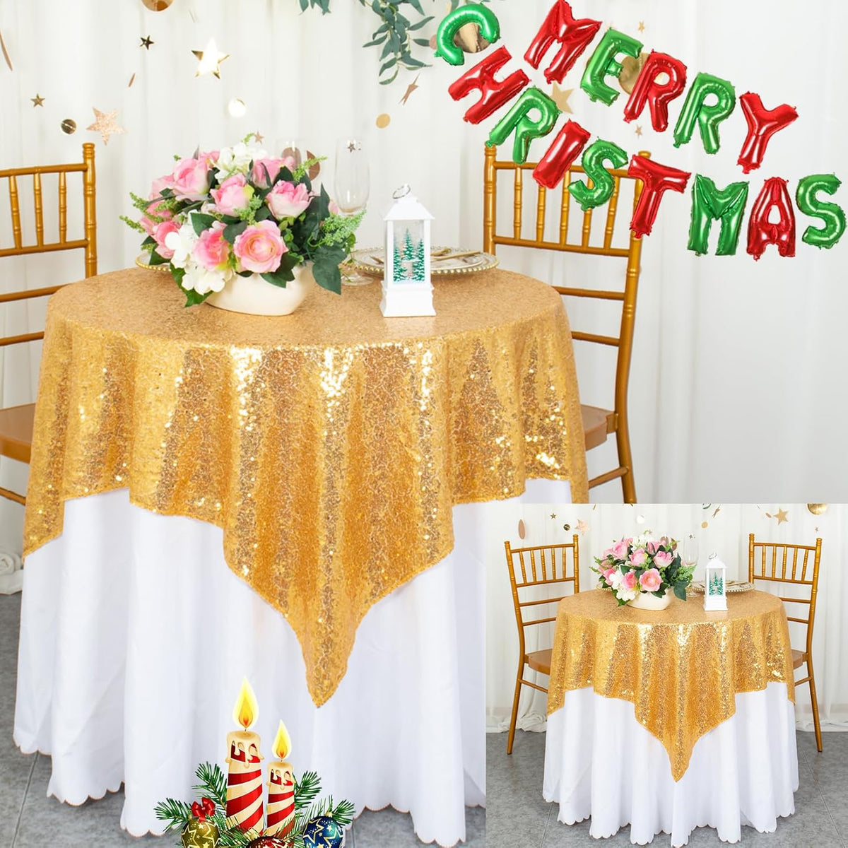 ShinyBeauty Gold Tablecloths 36X36 Inch, 2 Pieces Sequin Table Cloth for Party Sparkle Tablecloth