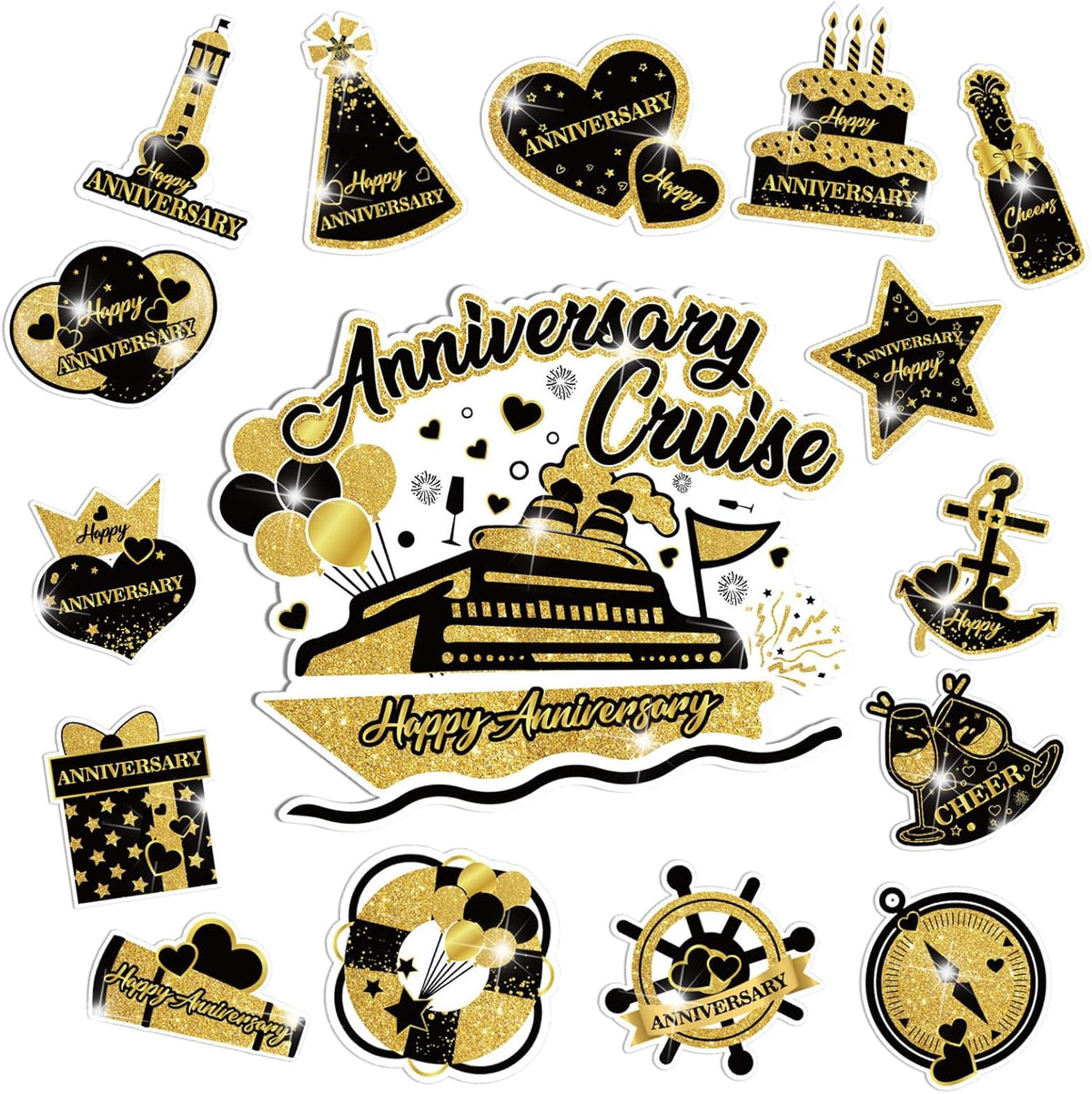 Happy Anniversary Cruise Door Magnets Decorations, Black Gold Happy Anniversary Cruise Ship Door