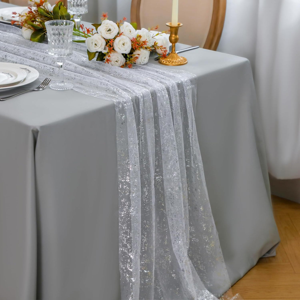 Snowkingdom 3 Pcs 10 FT Silver Cheesecloth Table Runner, 120 Inch Sheer Chiffon Gauze Runner