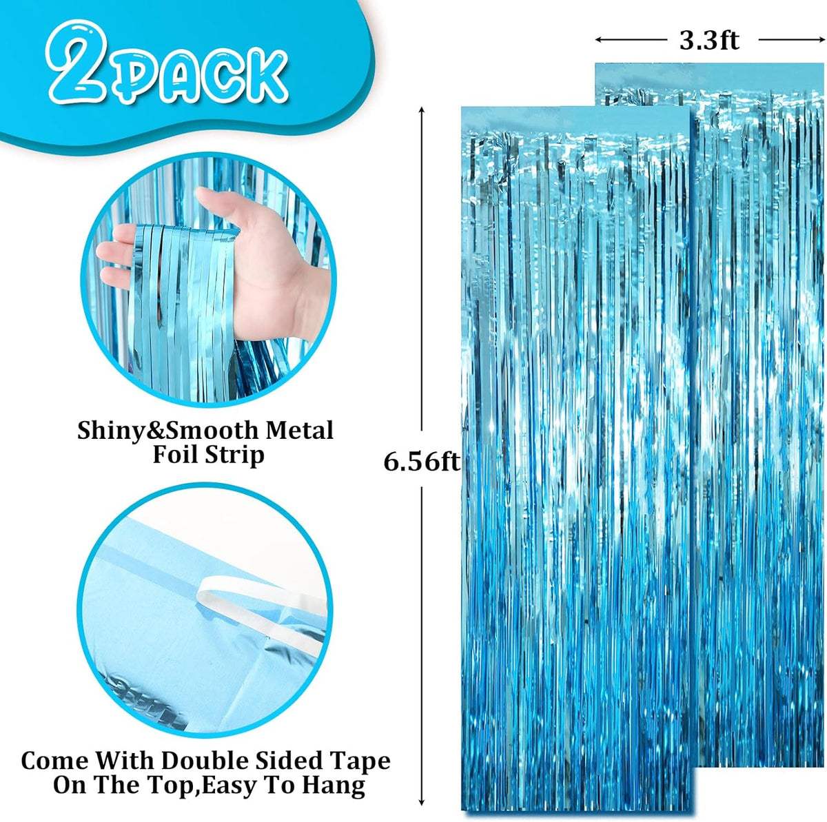 2 Pack Light Blue Tinsel Foil Fringe Curtains, Blue Party Decorations, Metallic Tinsel Party