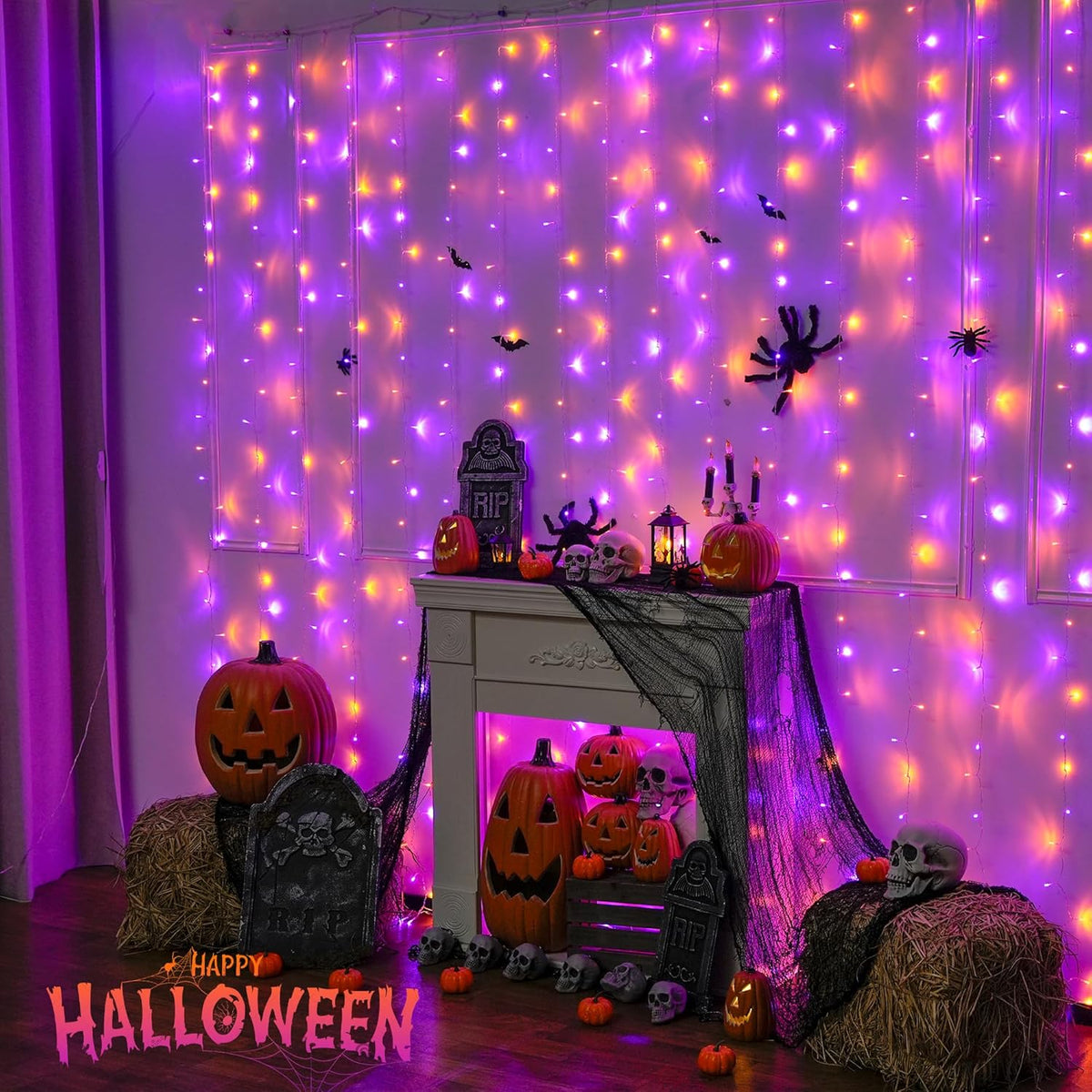 JMEXSUSS 300LED Orange and Purple Halloween Curtain Lights with Remote, 9.8x9.8ft Window Twinkle