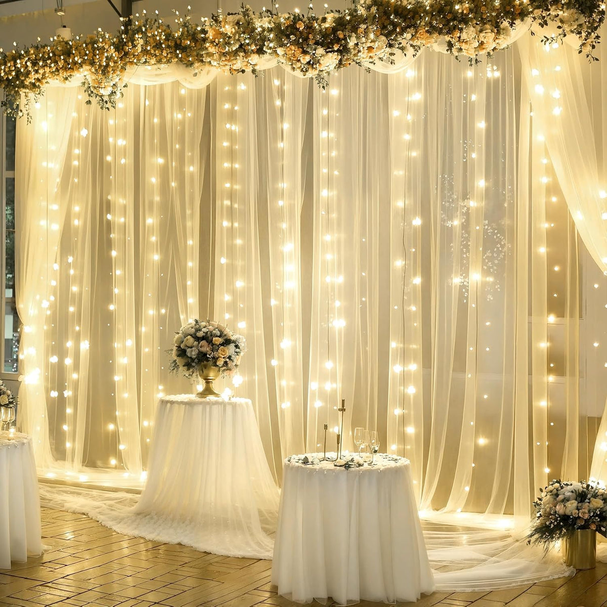10ft x 10ft Champagne Tulle Backdrop Curtain with Lights String for Parties Wedding Bridal Shower
