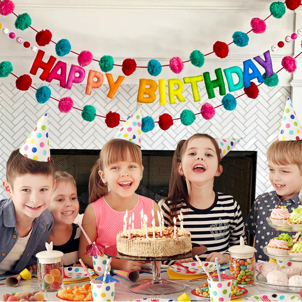 Pre-Strung Happy Birthday Banner,Reusable HAPPY BIRTHDAY Felt Ball Garland