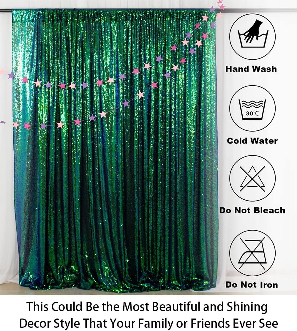 ShinyBeauty Iridescent Green Sequin Backdrop Curtain 5FTx10FT 2 Panels - Perfect for Party, Wedding