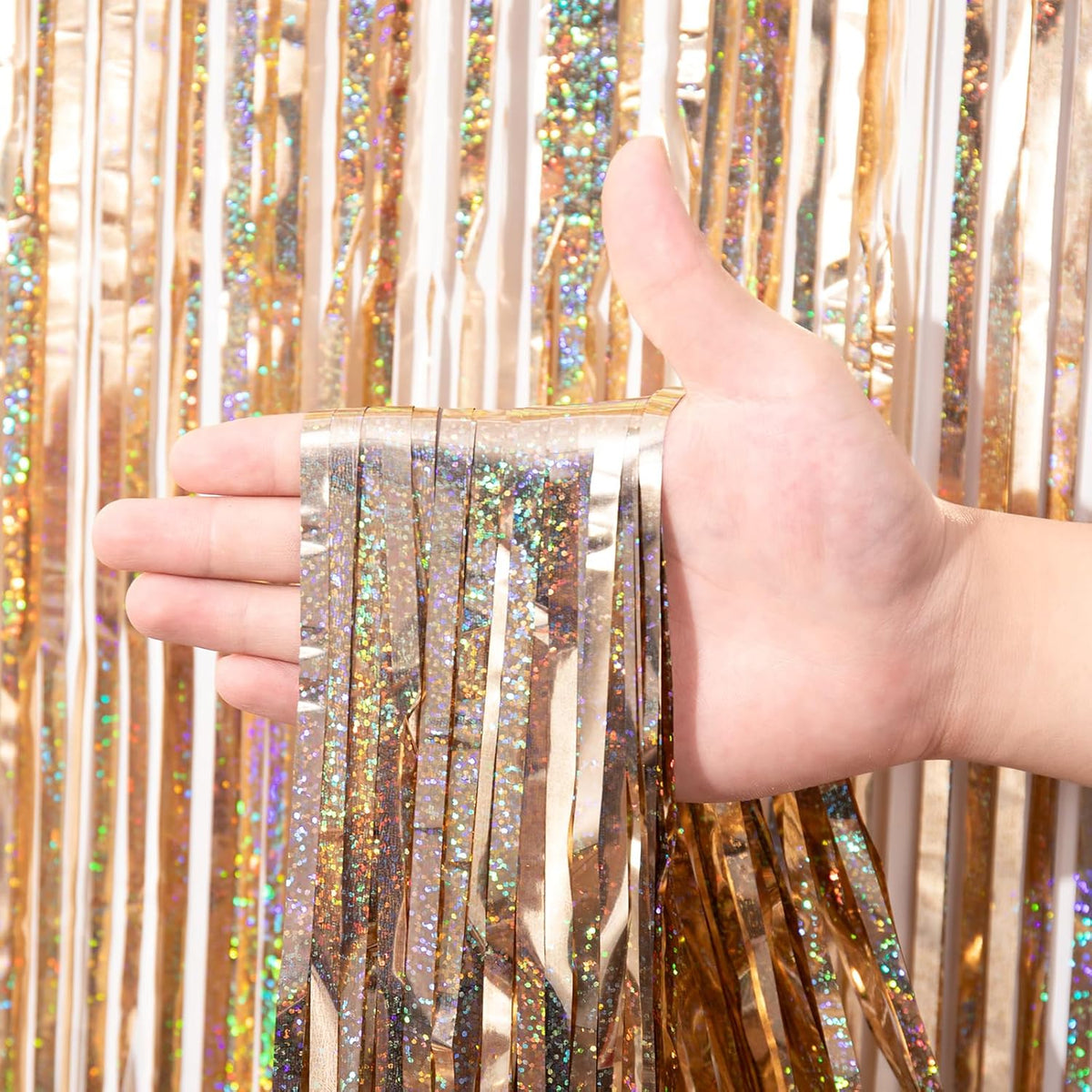 2 Pack Champagne Gold Tinsel Foil Fringe Curtains, Champagne Party Decorations, Metallic Tinsel