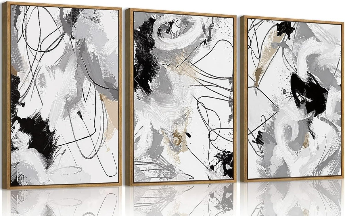 myusuar 3 Piece Large Modern Abstract Canvas Framed Wall Art For Living Room, Black And White Lines