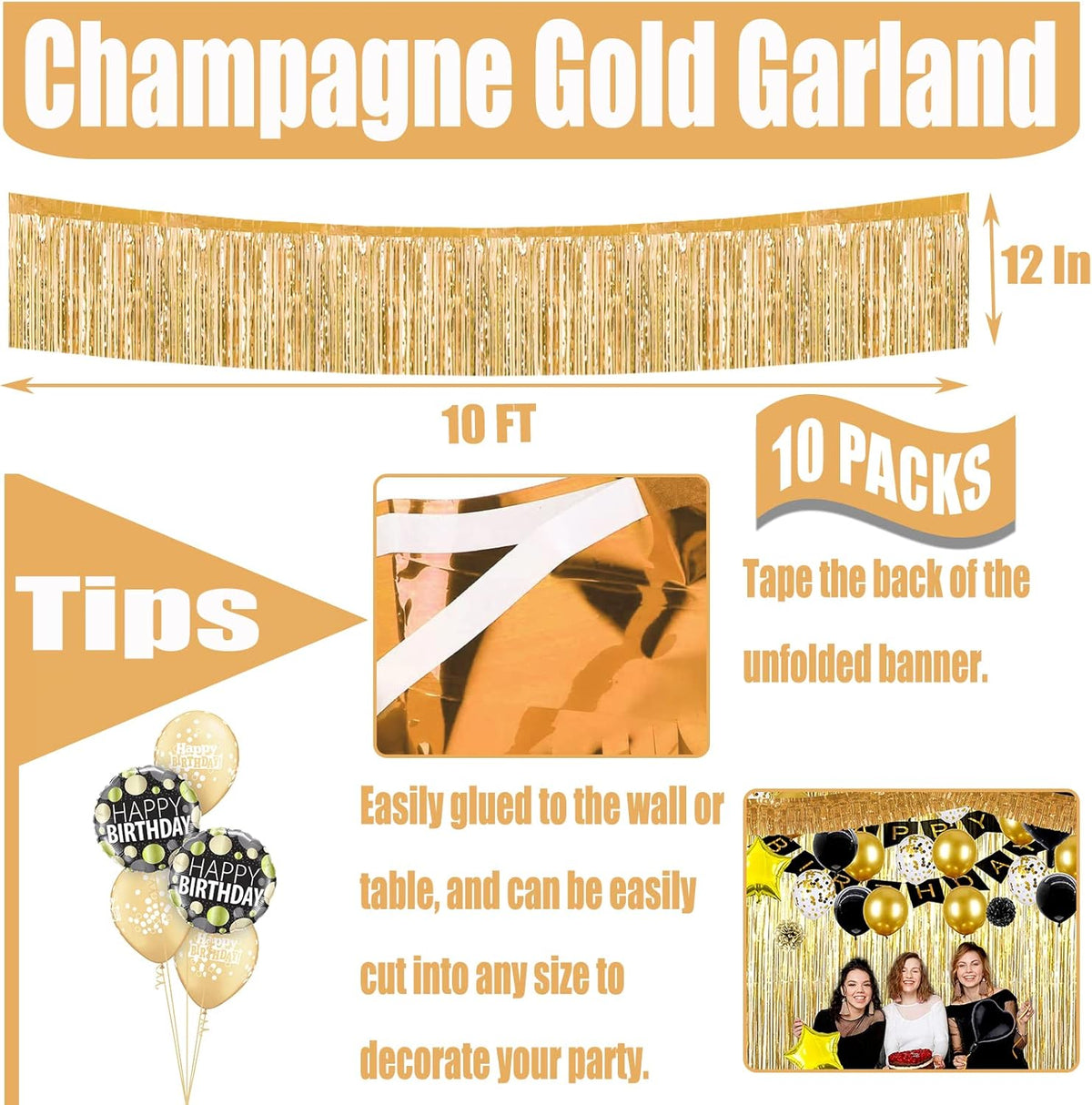 10 Pack 10 Feet Foil Fringe Garland Metallic Tinsel Streamers Banner Wall Hanging Curtain Backdrop