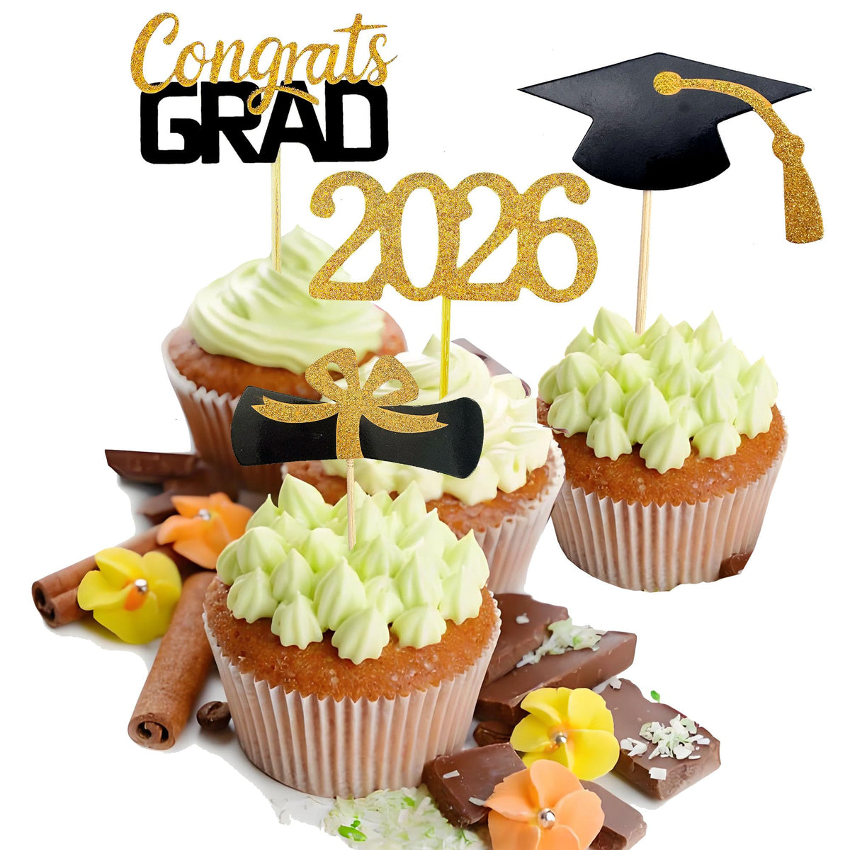 YuBoBo 2026 Graduation Cupcake Toppers, 48 PCS Food/Appetizer Picks For Graduation Party Mini Cake