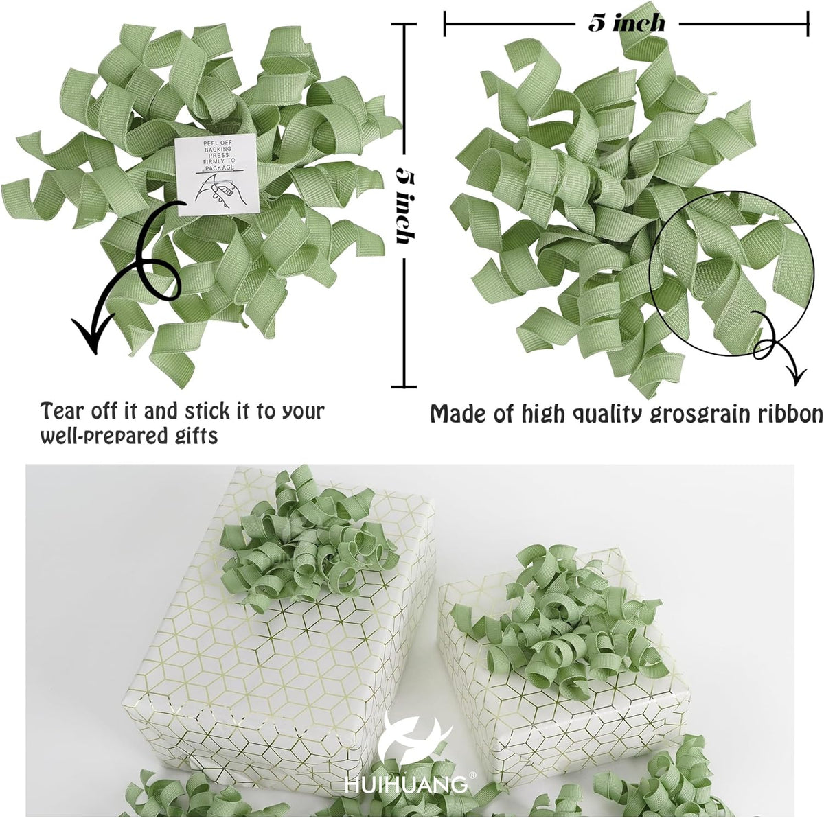 HUIHUANG Sage Green Bows for Gift Wrapping, Sage Curly Ribbon Bows Self Adhesive Burst Gift Bow for