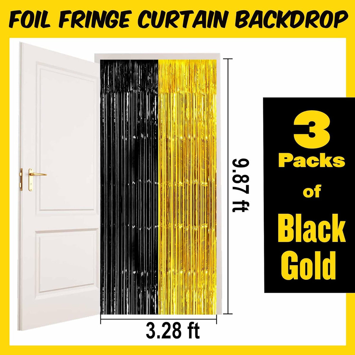 3 Pack Black and Gold Foil Fringe Curtains Backdrop, 3.28 x 9.8 Ft Metallic Streamers Tinsel