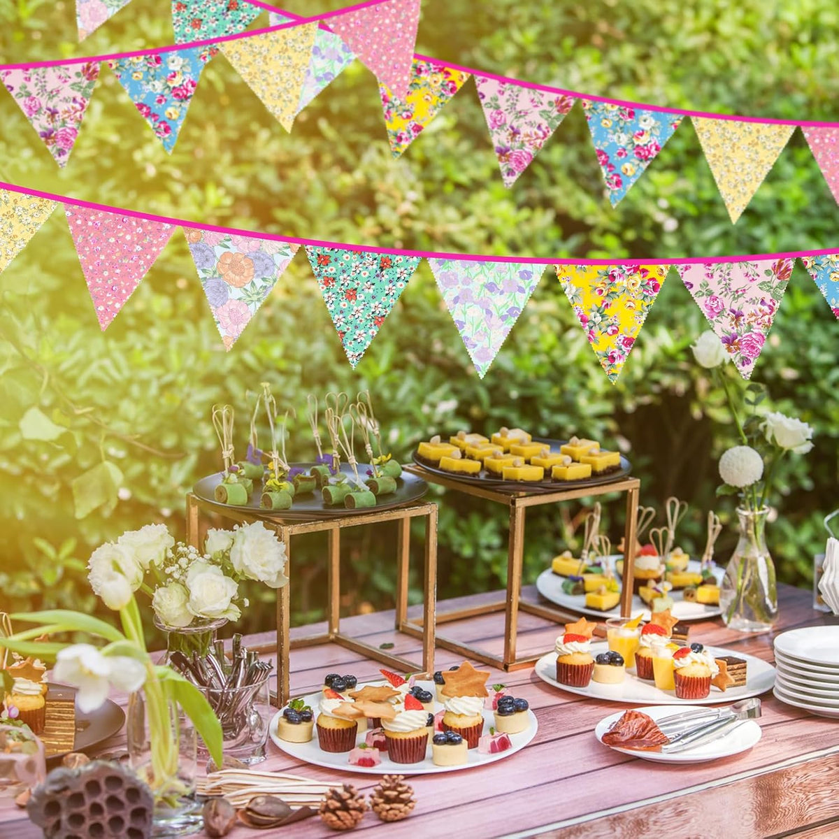 jijAcraft 39Ft Triangle Bunting Banner, 42Pcs Tea Floral Party Bunting Cotton Fabric Flags Pennant