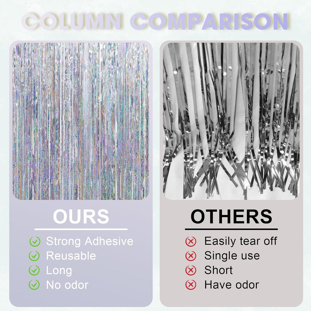 2 Pack Laser Silver Tinsel Foil Fringe Curtains, Silver Party Decorations, Metallic Tinsel Party