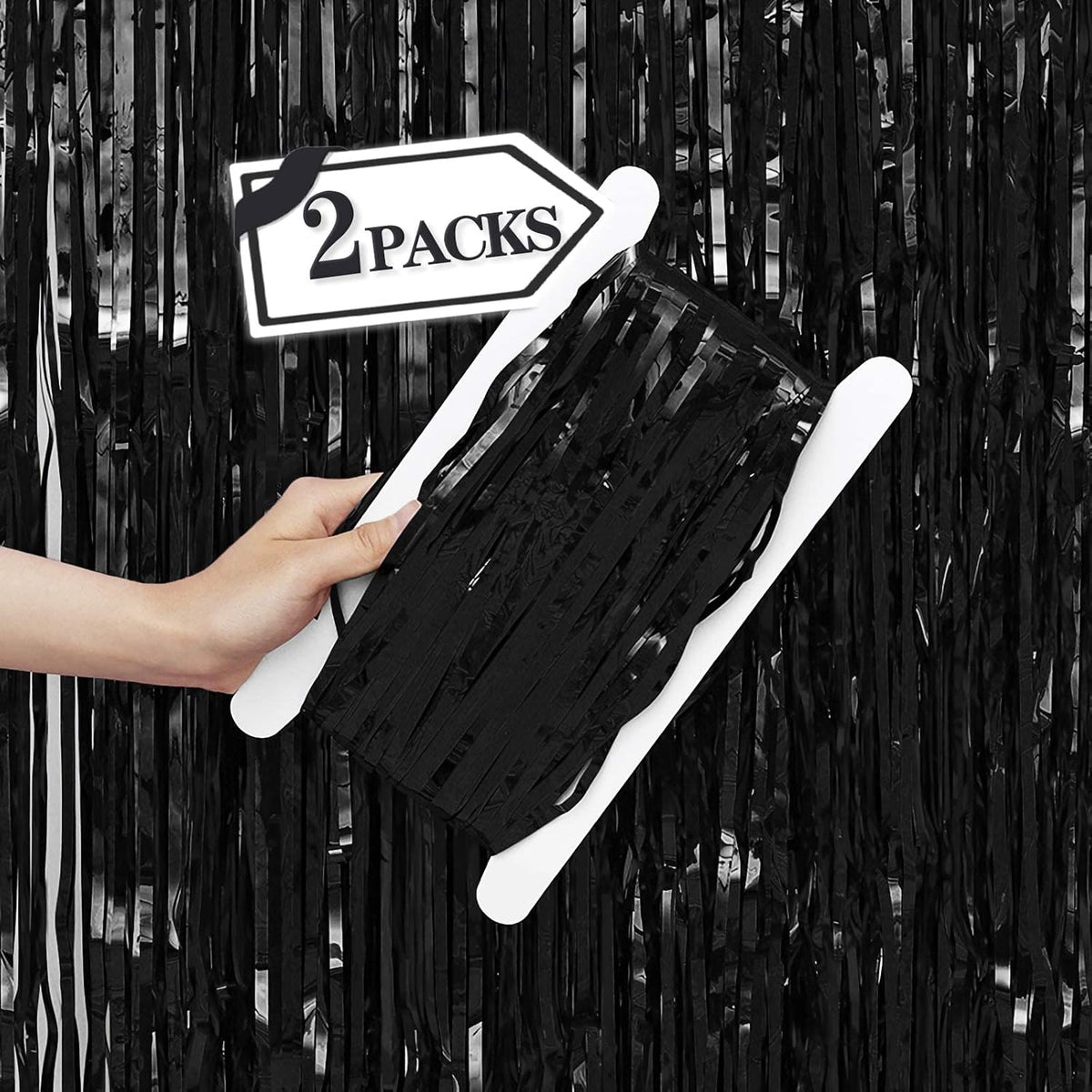 2 Pcs Black Metallic Tinsel Foil Fringe Curtains Backdrop, 3.28 ft x 6.56 ft Streamers for Birthday