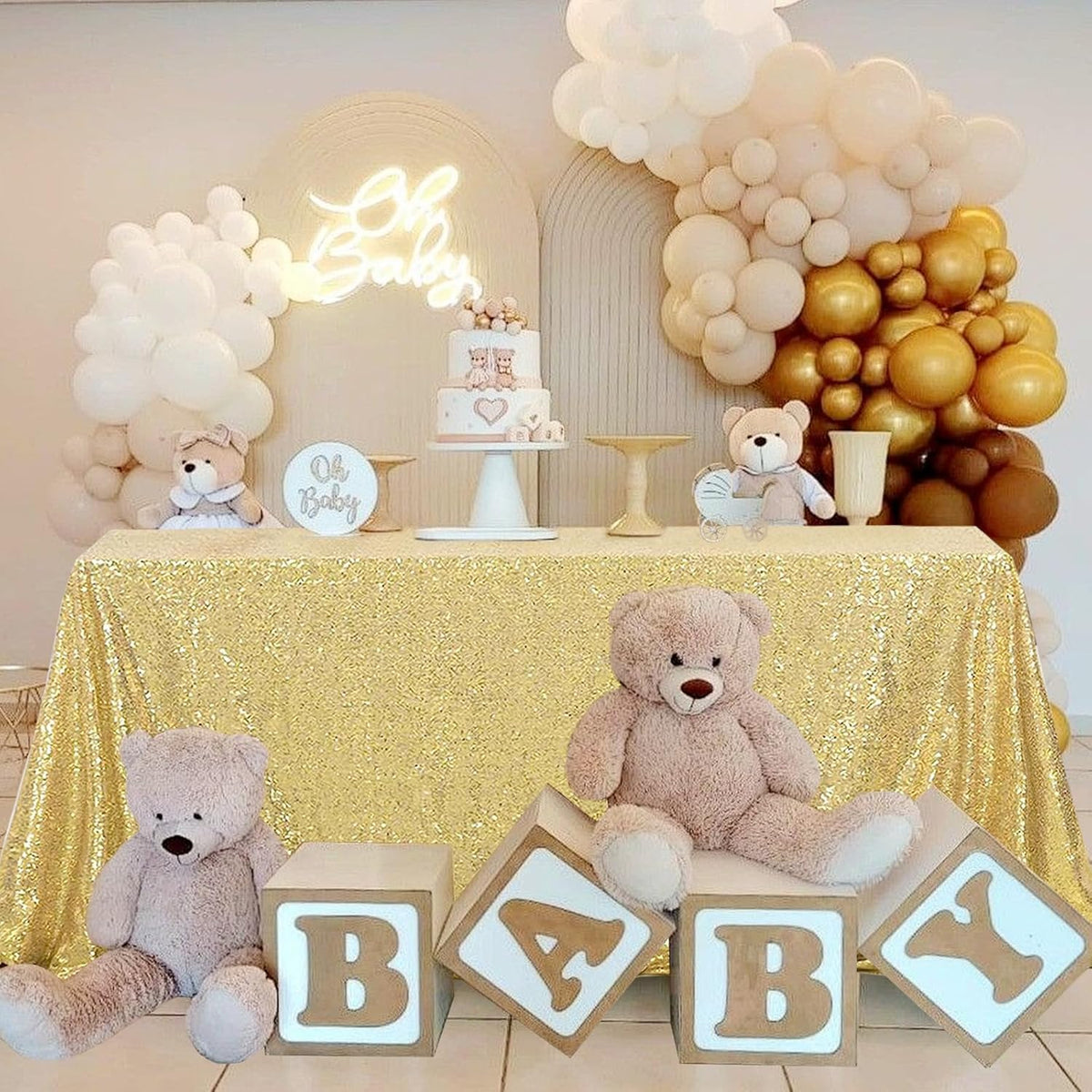 OQSQ Gold Sequin Tablecloth 50x80 inch, Glitter Drape Table Cloth, Sparkle Sequence Table Overlays