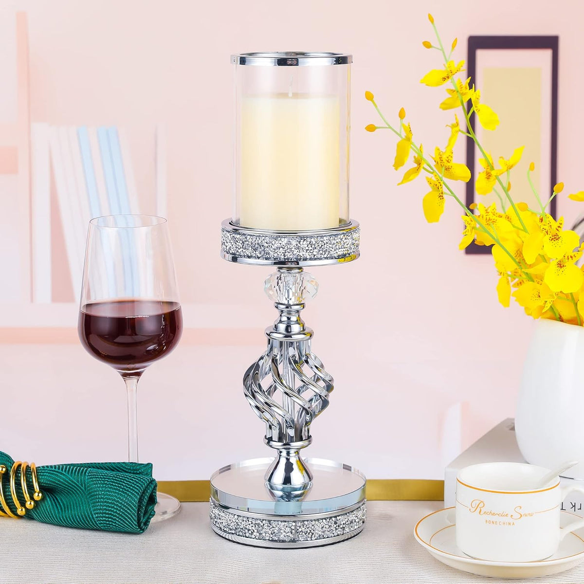 Hanjue Crystal Candle Holders for Pillar Candle, Metal Crystal Candle Holder for Home Decor