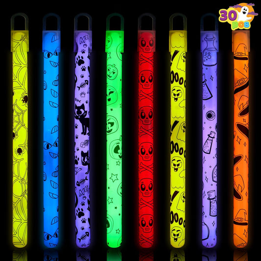 JOYIN 30 Pcs Halloween Glow Sticks Bulk Party Pack, Hanging Wands in 8 Design, 6 Color Light Up