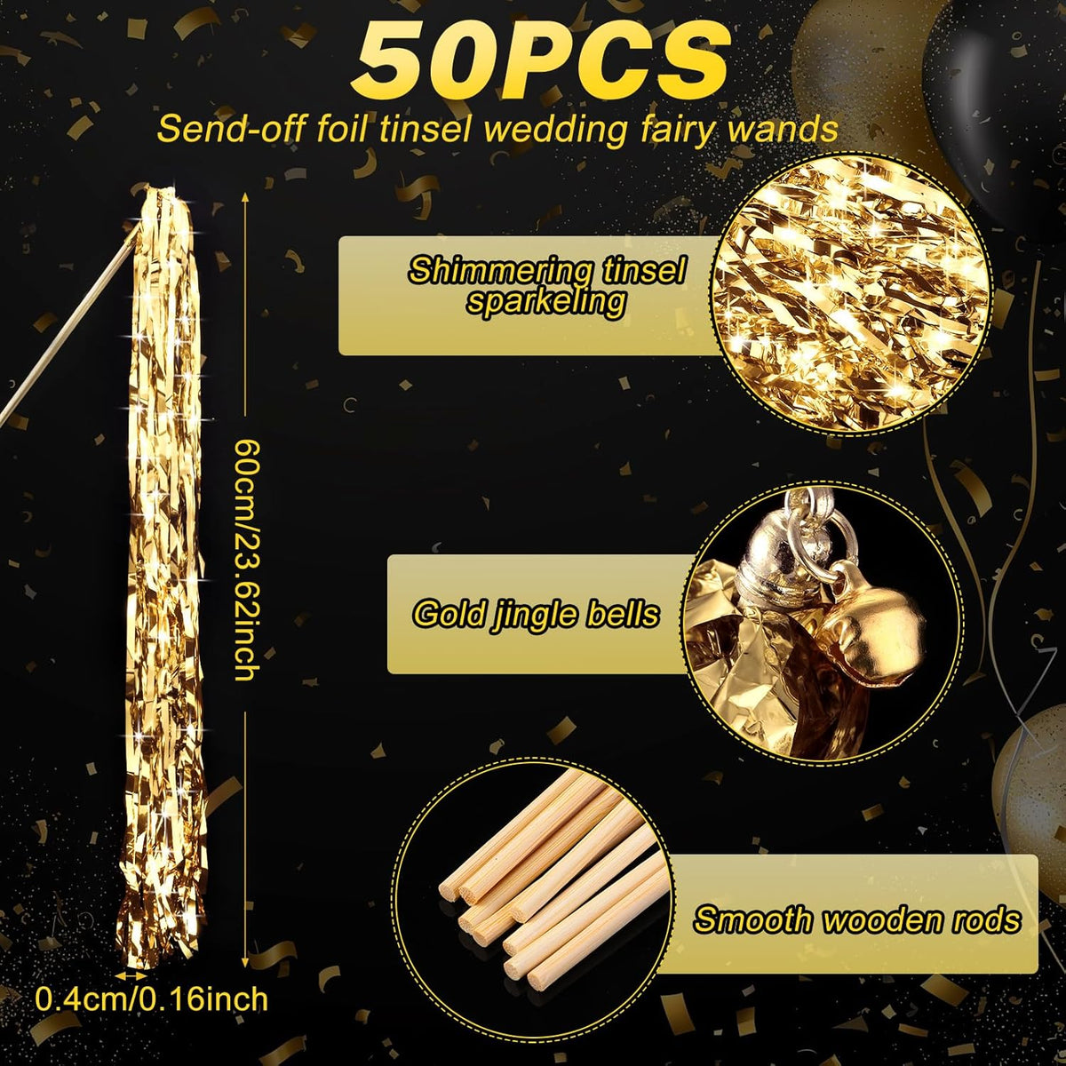 50 Pcs Wedding Fairy Wands with Bells Foil Tinsel Ribbon Stick Wands Tinsel Party Streamers with