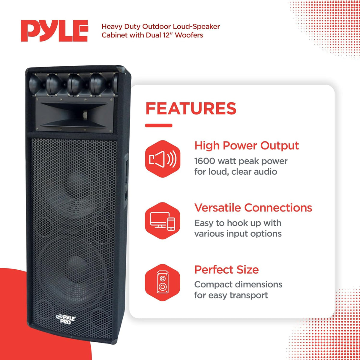 Pyle Portable Cabinet PA Speaker System - 1600 Watt Outdoor Stereo Sound Speakers w/ Dual 12"
