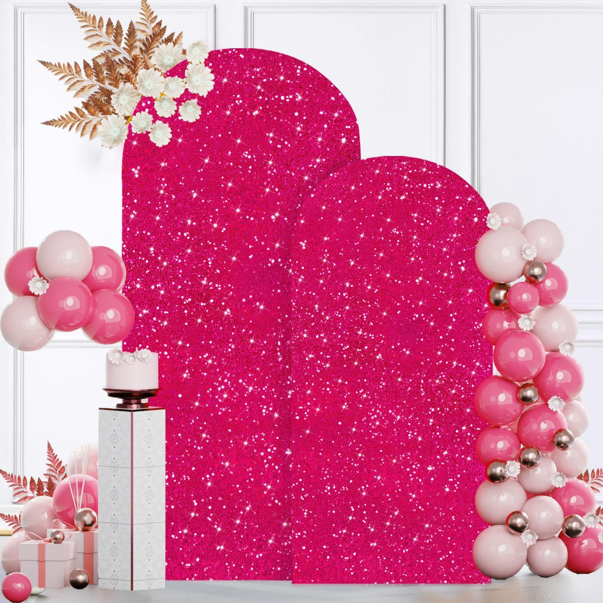 MODFUNS Arch Backdrop Stand and Cover Set 6&7.2ft Hot Pink Sequins Arch Backdrop Cover Metal Arch