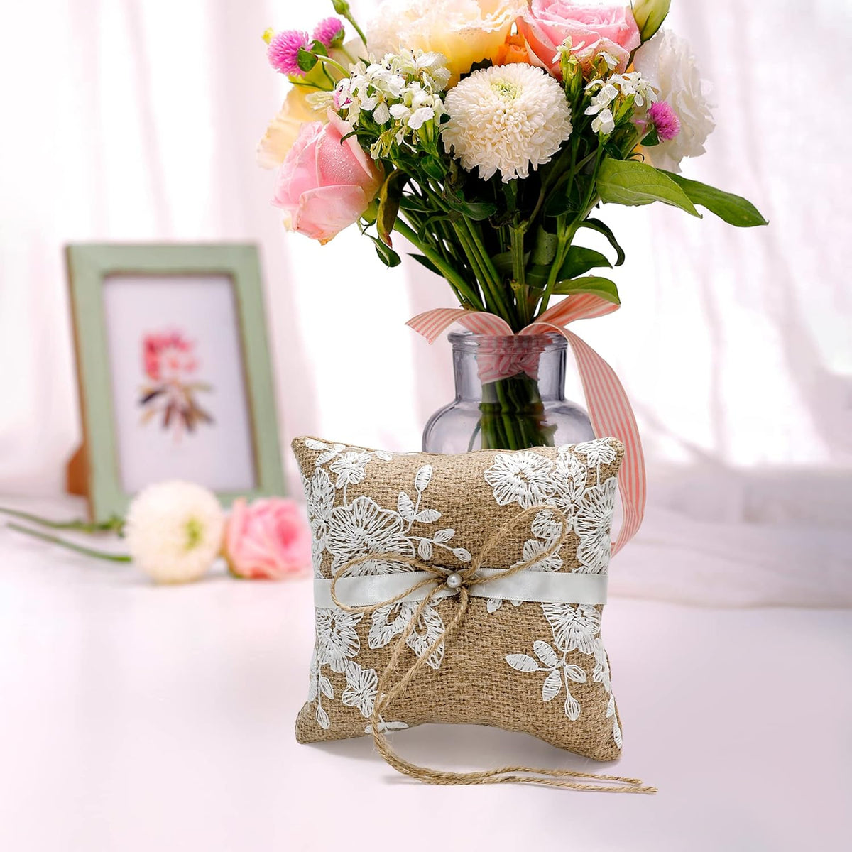 Ring Bearer Pillows Lace Bow Flower for Fall Wedding Ceremony with Vintage Rustic Lace Bow Pearl