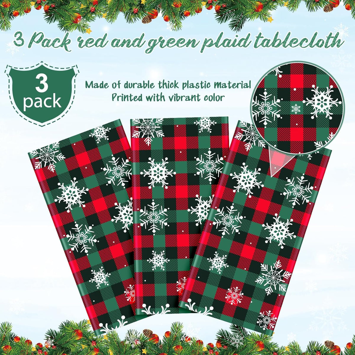 3Pcs Christmas Buffalo Plaid Snowflake Party Tablecloths Decorations,Plastic Red and Green
