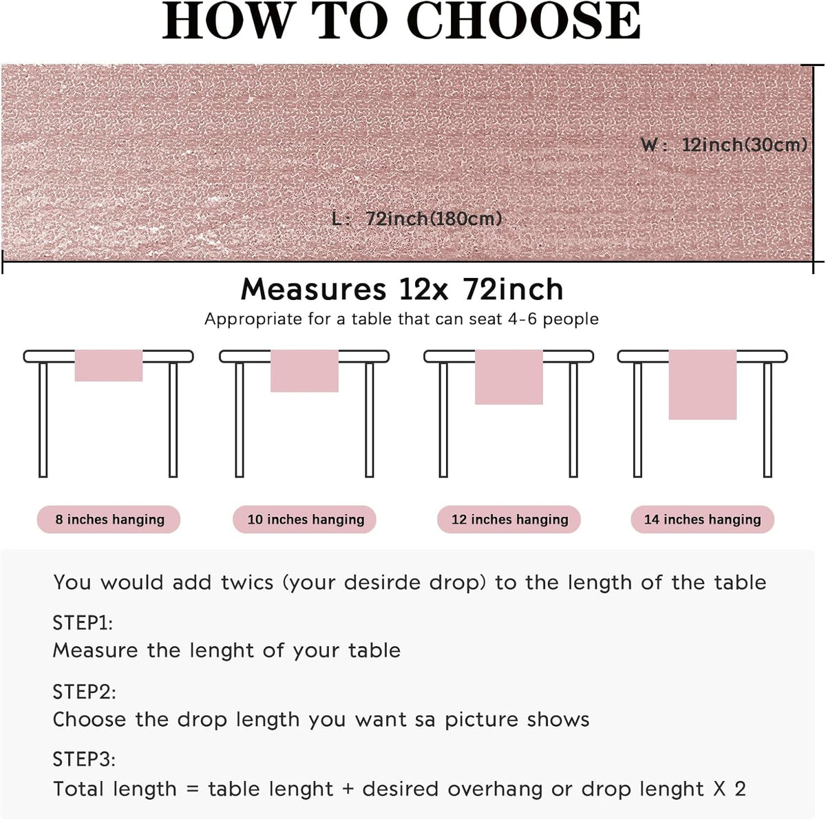 2 Packs 12 x 72 inches Sequin Table Runner, Rose Gold Glitter Table Runner for Birthday Party