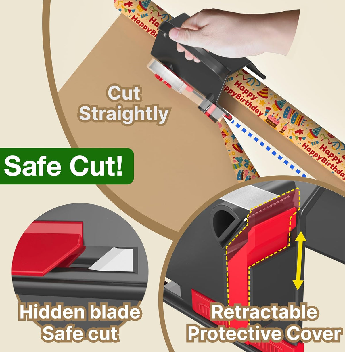(2-Pack) Wrapping Paper Cutter & Tape Dispenser Dual Use with 4 Tapes，2 Replace Blades Kit for