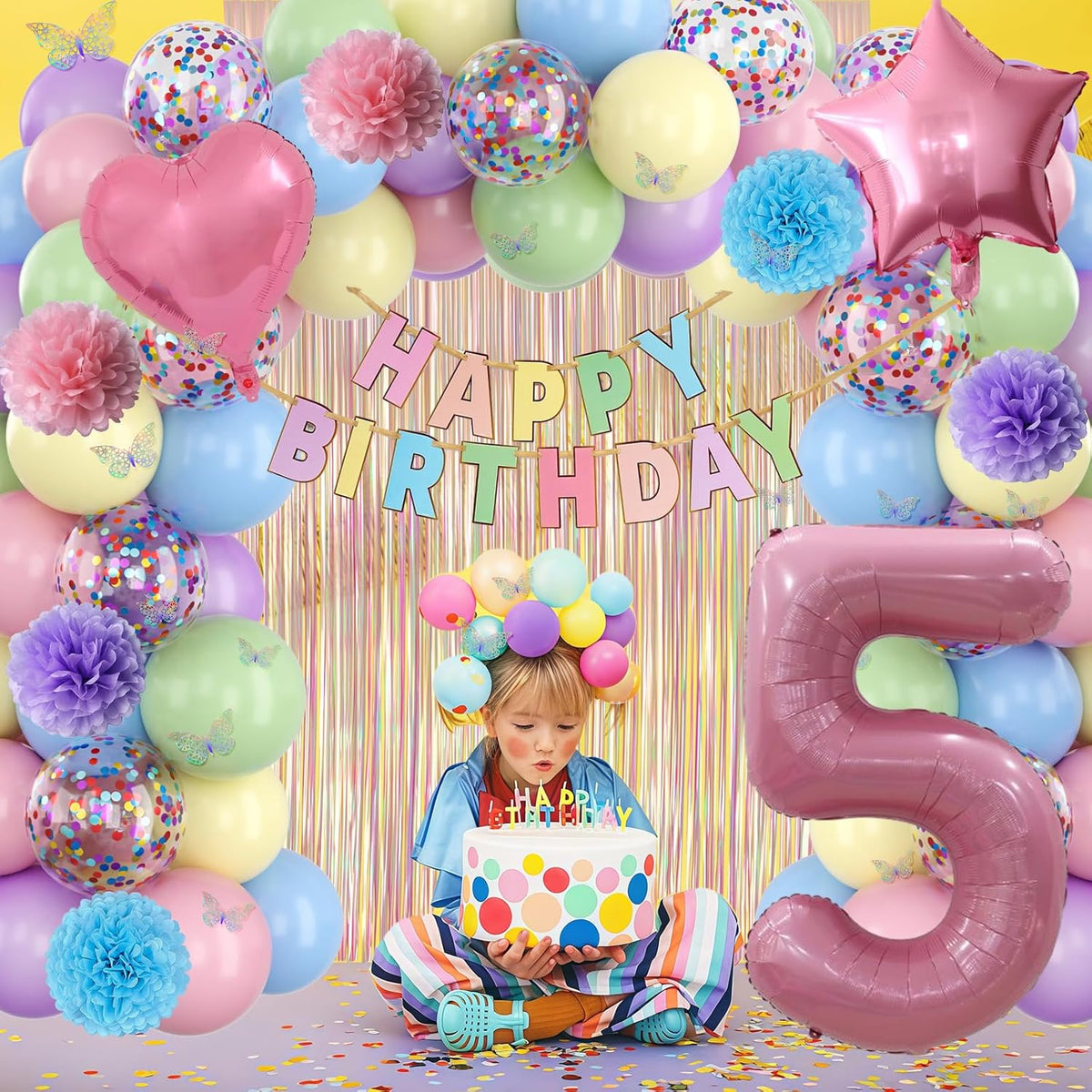Pastel 5th Birthday Party Decorations for Girls Number 5 Balloon Happy Birthday Banner Butterfly