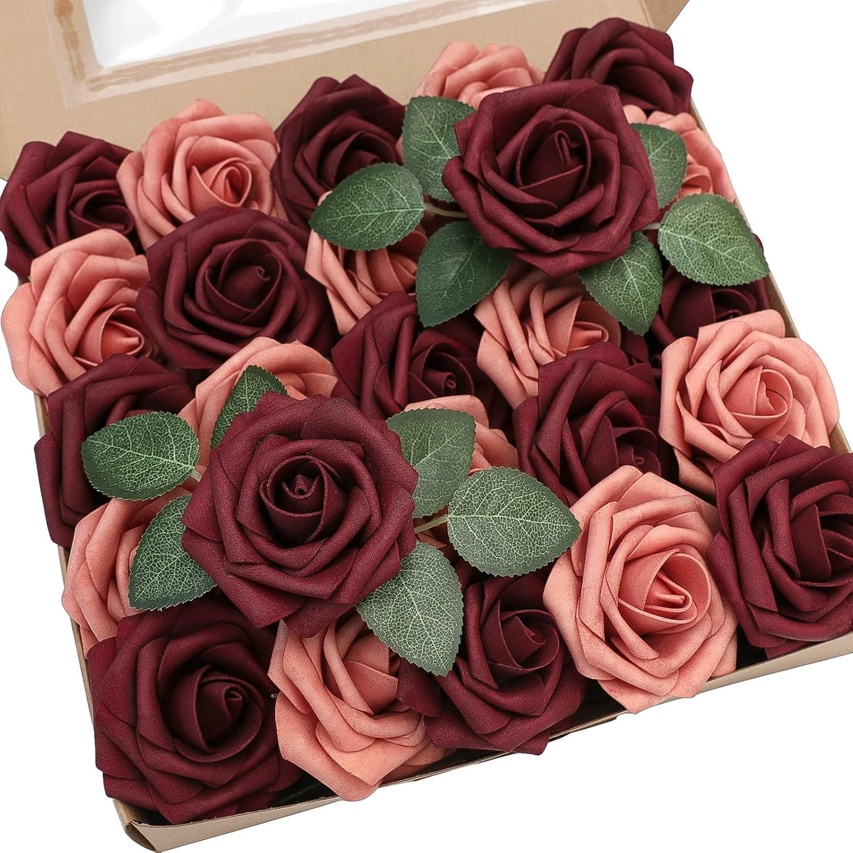 Floroom Artificial Flowers 50pcs Real Looking Burgundy & Pinky Cedar Foam Fake Roses with Stems for