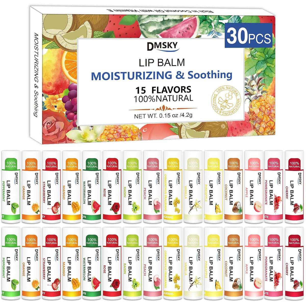 Dmsky DMSKY 30 Pack Lip Balm, Natural Lip Balm Bulk with Vitamin E and Coconut Oil 15 Flavors, Lip